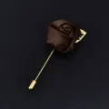 Brown satin rose lapel pin with gold metal needle and leaf for men wedding suit formal wear - Dark Brown