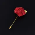 Elegant red satin rose lapel pin with gold stem and leaf for groom wedding and formal events. - Red