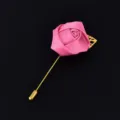 Pink Satin Rose Lapel Pin Groom Boutonniere Wedding Suit Corsage Metal Stem Badge - Pink