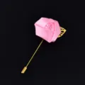 Pink ribbon rose lapel pin gold stem boutonniere wedding groom suit accessory decoration - Pink
