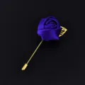 Blue satin rose lapel pin groom wedding brooch with gold stick and leaf badge accessory. - Dark Blue