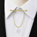 Men gold collar pin with chain classy metal tie bar for dress shirt and suit decor - Gold Single Chain