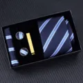 Men blue striped necktie gift box set with matching cufflinks pocket square and tie clip. - Zipper 6cm Narrow KH6R6001-2