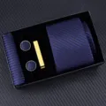 Navy Blue Striped Necktie Gift Set with Pocket Square Cufflinks and Tie Clip for Men - Zipper 6cm Narrow KH6R6003-2
