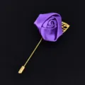 Purple satin rose lapel pin with gold leaf brooch wedding groom corsage elegant accessory - Purple