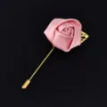 Pink fabric rose lapel pin boutonnière with gold stem, elegant wedding suit accessory. - Pink