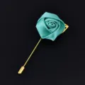 Elegant satin rose lapel pin with gold metal stem, perfect for weddings, grooms, and events. - Turquoise Green