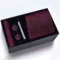 Set de Regalo Corbata Gemelos Pañuelo Hombre Burdeos Elegante Accesorios Moda Negocio - Caja de Esponja Hecho a Mano Rayas Burdeos