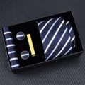 Men's Blue Striped Tie Set with Pocket Square Cufflinks and Tie Clip for Business Suit - Zipper 6cm Narrow KH6R6019-2