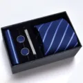 Conjunto de corbata de rayas azules para hombre caja de regalo con pañuelo gemelos pasador - Corbata con cremallera | KH6R8002-2