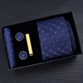 Men business blue tie set gift box with necktie pocket square cufflinks and tie clip accessory. - Zipper 6cm Narrow KH6R6040-2