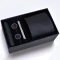 Conjunto Corbata Negra Hombre Caja Regalo Rayada con Gemelos Pañuelo de Bolsillo - Corbata con cremallera | KH6R8010-2