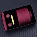 Men burgundy striped tie gift set with cufflinks tie clip pocket square in sleek black box - Zipper 6cm Narrow KH6R6051-2