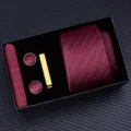 Men burgundy striped tie gift set with pocket square cufflinks and tie clip in black box. - Zipper 6cm Narrow KH6R6052-2