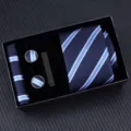 Blue striped tie set for men including pocket square cufflinks and tie clip in gift box. - Zipper 6cm Narrow KH6R6001-3