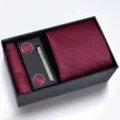 Conjunto de Corbata Burdeos para Hombre Caja Regalo 8cm Corbata Pañuelo Gemeles - Caja de Cartón Hecho a Mano Doble Rayas Burdeos