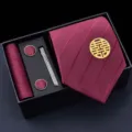 Set de regalo corbata burdeos hombre con patrón pañuelo gemelos pinza elegante diseño - Caja de Cartón Hecho a Mano Rojo Vino Redondo Doble Felicidad