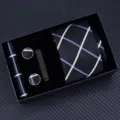 Men's fashion gift box tie set with pocket square cufflinks black grid pattern set - Zipper 6cm Narrow KH6R6016-3