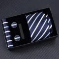 Mens luxury navy blue striped tie gift set with matching pocket square cufflinks clip. - Zipper 6cm Narrow KH6R6019-3
