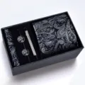 Elegante conjunto de corbata paisley negra para hombre pañuelo gemelos caja de regalo - Caja de Esponja Set Paisley