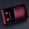 Mens wine red striped tie gift box set, including necktie, pocket square, cufflinks and clip. - Zipper 6cm Narrow KH6R6052-3