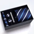 Conjunto de regalo de corbata a rayas azules de negocios para hombre con gemelos - Modelo con cremallera