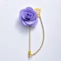 Elegant purple fabric rose lapel pin with gold stick and chain for wedding suit men. - Purple