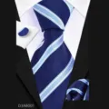 Herren Business Krawatten Set blau gestreift mit Einstecktuch und Manschettenknöpfen - Blau Weiß Köper