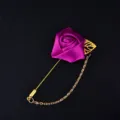 Purple satin rose lapel pin with gold chain and metal pin for wedding party decor suit. - Purple