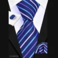 Herren Business Krawatten-Set mit diagonalen Streifen, dunkelblaue Krawatte und Manschettenknöpfe - Blau-Lila Gestreift