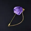 Purple satin rose flower brooch with long gold pin and chain for wedding decoration. - Purple