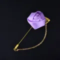 Purple fabric rose lapel pin with gold metal chain, elegant wedding groom brooch accessory. - Purple