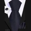 Men business tie set 8cm silk feel necktie pocket square cufflinks matching fabric variant - Black Twill