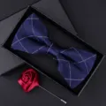 Men's elegant blue plaid bow tie and red rose lapel pin gift set for wedding suit - HVJ58