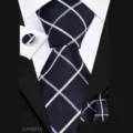 Men's business tie set 8cm necktie pocket square cufflinks checked pattern stylish suit accessories - Business Black Plaid