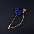Dark blue satin rose lapel pin with gold chain and metal pin brooch for wedding men suit. - Dark Blue