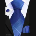 Men's blue striped business necktie 3-piece set with matching pocket square and cufflinks. - Business Navy