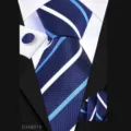 Men's business navy blue striped tie set with pocket square and matching cufflinks for formal wear - Blue and White Stripes