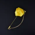 Yellow satin rose flower lapel pin with hanging chain for wedding groom suit decoration. - Yellow