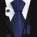 Men's blue business tie set featuring an 8cm necktie, matching pocket square and cufflinks. - Navy Small Plaid