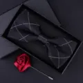 Men's black plaid bowtie and red rose brooch gift box set for wedding suits and formal wear. - HVJ57