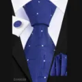 Men's business blue tie set with pocket square and cufflinks featuring geometric pattern. - Navy Ribbed