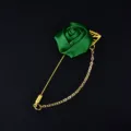 Green fabric rose brooch with gold chain pin, elegant wedding boutonniere event badge decoration - Green