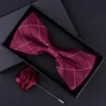 Burgundy plaid bowtie and rose brooch set for men, elegant wedding gift box packaging. - HVJ59