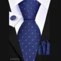 Men's blue plaid tie set with pocket square and matching cufflinks for business wear variant. - Navy Blue Plaid