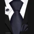 Men's business dark blue necktie set featuring 8cm tie, pocket square, and matching cufflink. - Black Irregular Twill