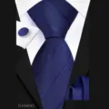 Men's business blue tie set with pocket square and cufflinks in matching textured fabric. - Dark Blue Stripes