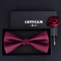 Wine Red Bow Tie and Lapel Pin Set for Men Formal Wedding Suit Groom Accessories - HVN1312