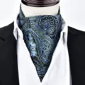 Classic men's paisley ascot tie, elegant blue and green silk-like fabric for formal business wear. - X925