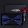 mens luxury navy blue dot bowtie and wine red rose flower lapel pin gift set for wedding - HVN1315
